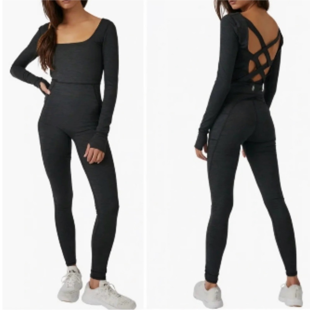FP Movement by Free People Relieve Charcoal Gray Long Sleeve Jumpsuit
